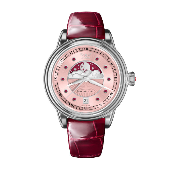 дамски часовник aviator moonflight с естествени рубини и бордо кожена каишка classicwatches.bg