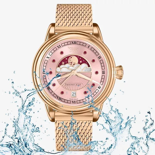 часовник aviator moonphase розов sunburst циферблат с естествени рубини classicwatches.bg