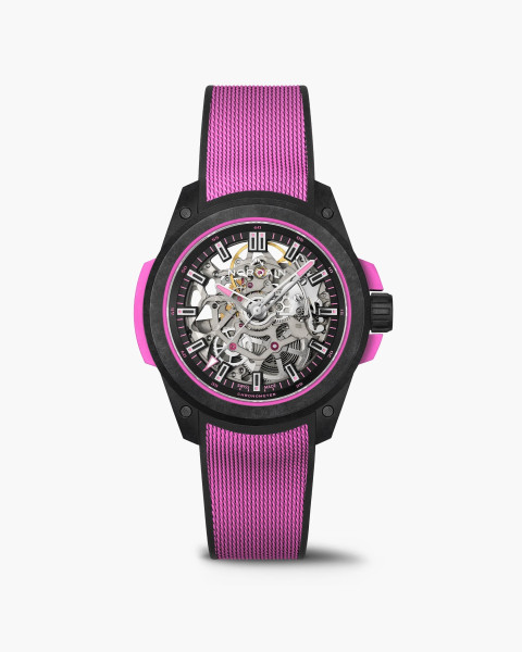 norqain-wild-one-skeleton-39mm-hyper-pink-front-view