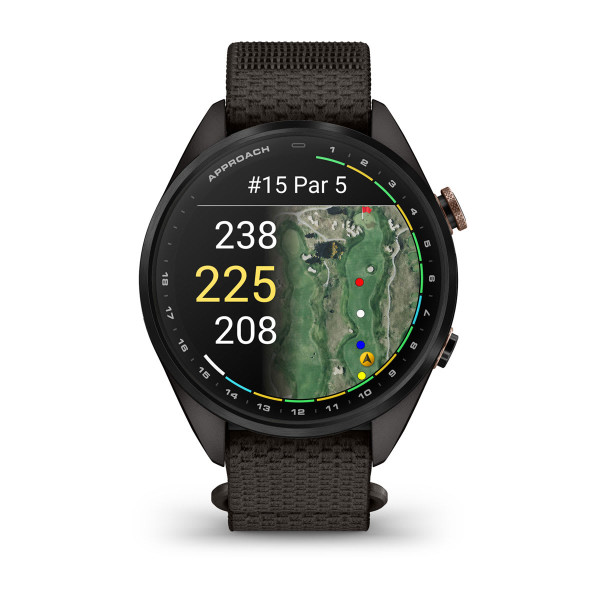 Garmin Approach S72 Carbon Gray/Heritage Bronze DLC Titanium Bezel с Pebble Grey ComfortFit Fabric каишка 010-04147-02