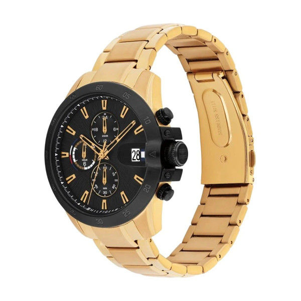 Tommy Hilfiger 1792199, мъжки часовник Tommy Hilfiger, Tommy Hilfiger Jameson, часовник черен циферблат злато, мъжки хронограф златно покритие

