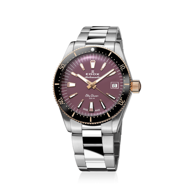 Edox Skydiver Date Auto 80131 357RNRM VIO с пурпурен циферблат и розово-златни стрелки