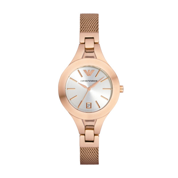 дамски часовник emporio armani ar7400 с розовозлатисто покритие и сребрист циферблат – изглед отпред – ClassicWatches.bg