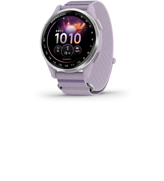 GARMIN APPROACH® J1 47 ММ GPS СМАРТ ЧАСОВНИК С SILVER АЛУМИНИЕВ БЕЗЕЛ И LILAC COMFORTFIT КАИШКА 010-03898-10