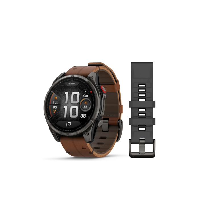 ЧАСОВНИК GARMIN FENIX 8 PRO 47MM AMOLED SAPPHIRE CARBON GREY DLC TITANIUM С CHESTNUT КОЖЕНА КАИШКА 010-03198-40